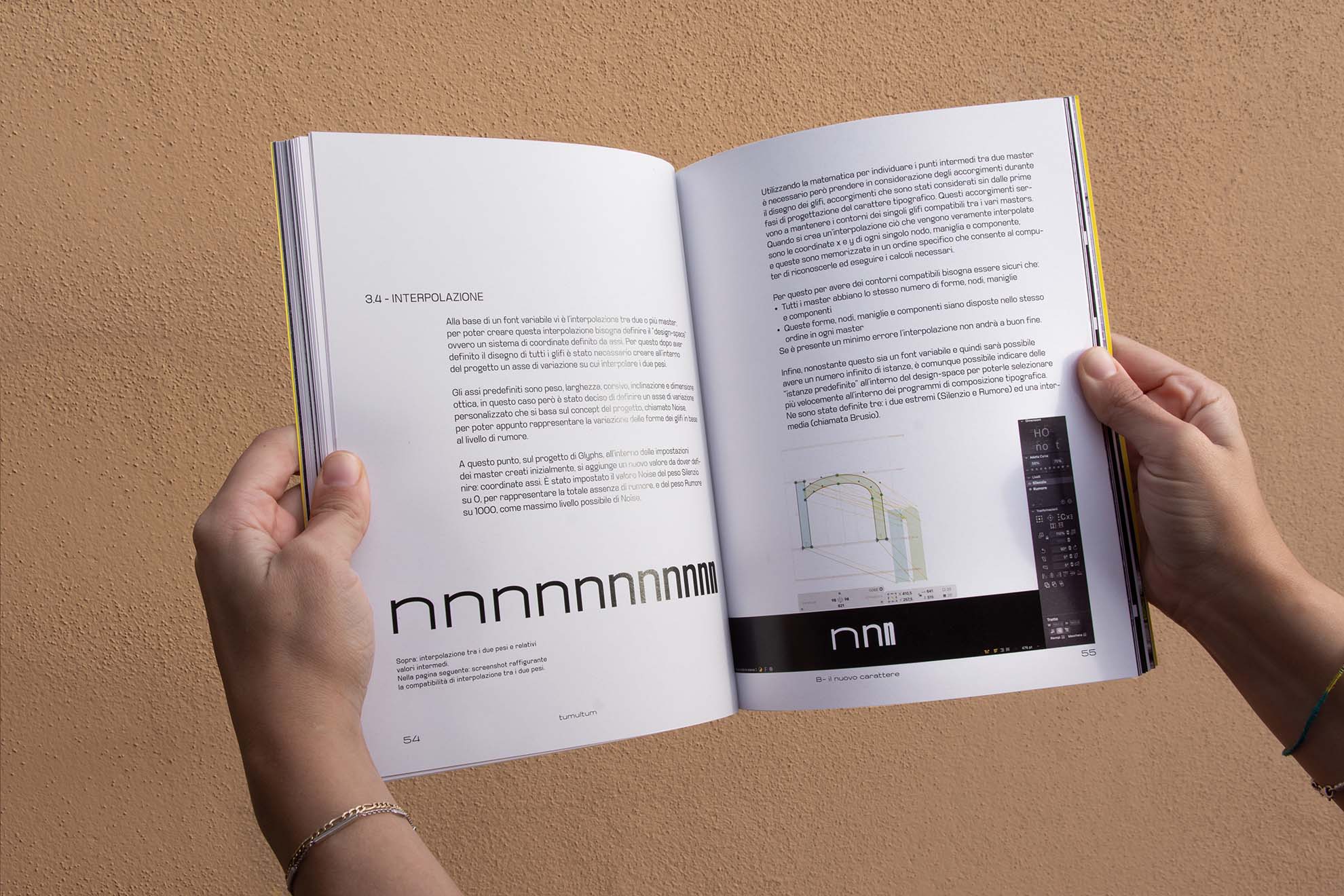 Tumultum foto impaginato tesi e specimen dettaglio interpolazione font variabile